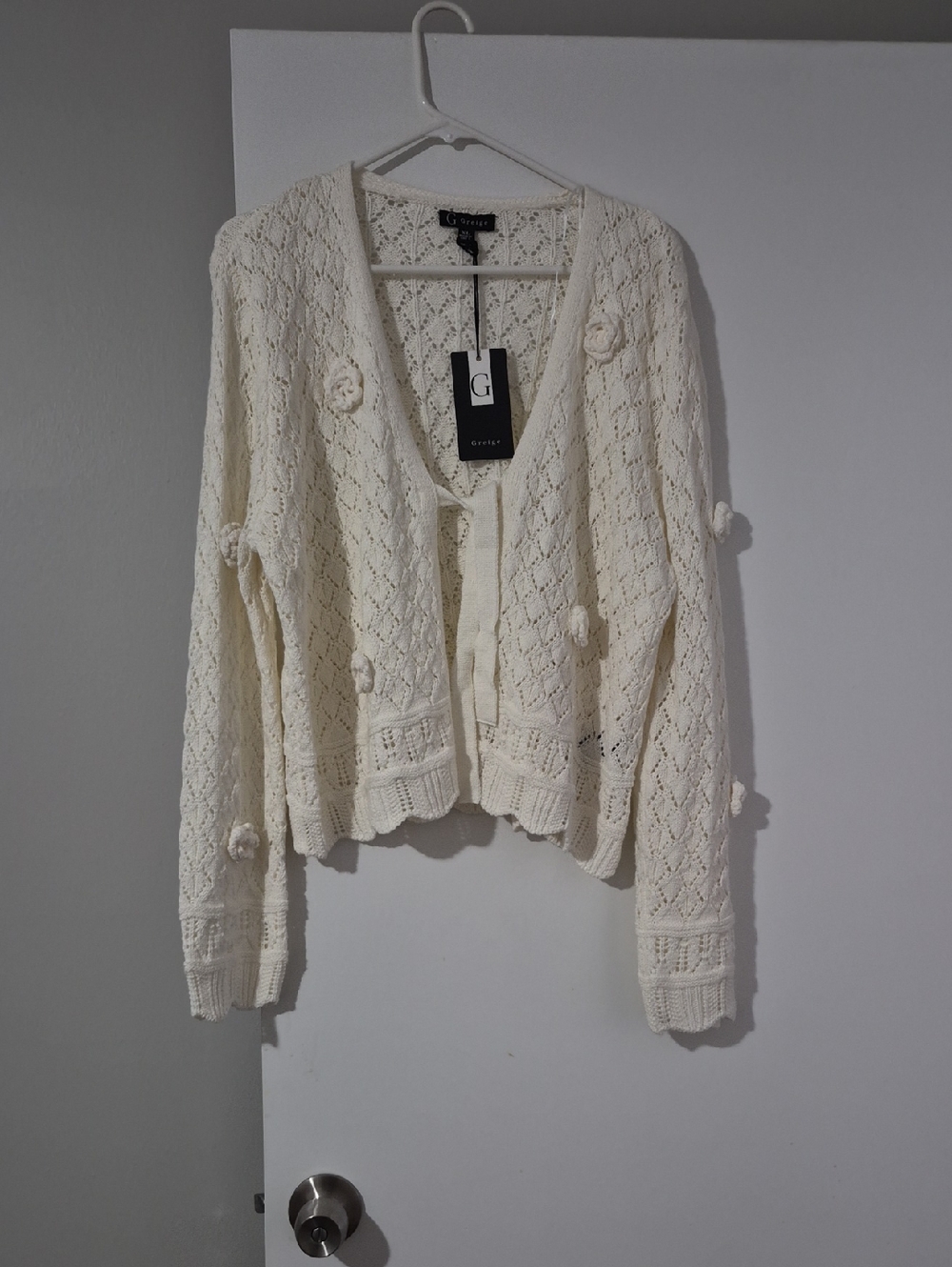 Gilli  Greige Off-White Pom-Pom Open Front Knit Cardigan